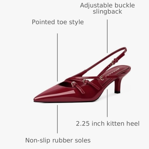 MUCCCUTE Red Patent Leather Slingback Kitten Heels Pointed Buckle Shoes Size 8 - Picture 3 of 10